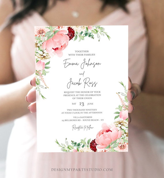 Editable Botanical Flowers Wedding Invitation Floral Greenery Bridal Shower Pastel Pink Peony Colors Digital Corjl Template Printable 0167 Il_570xn