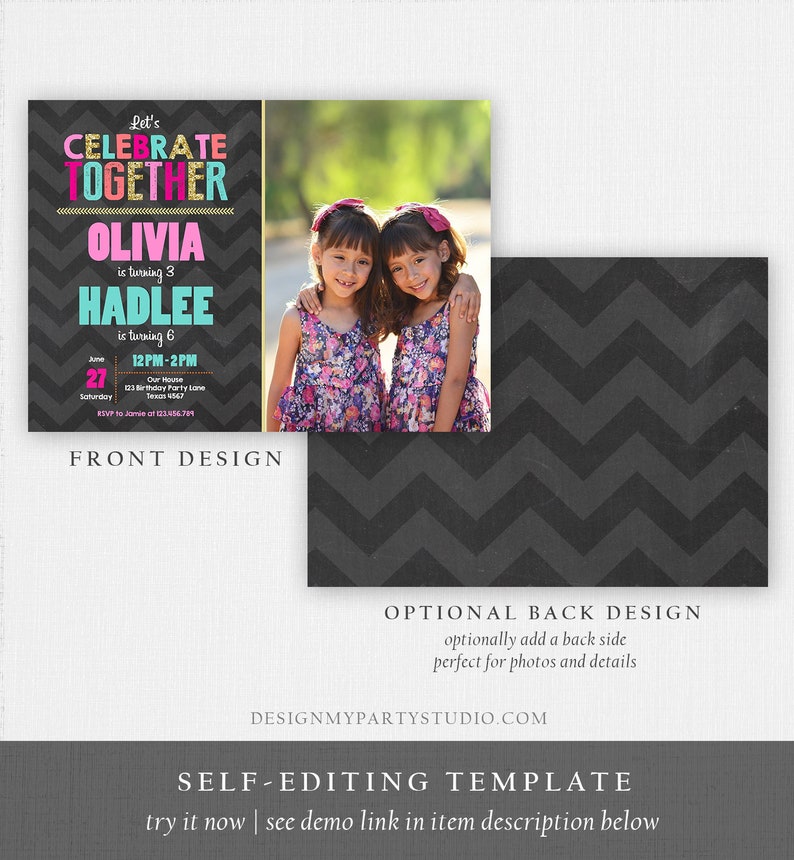 Editable Sisters Birthday Invitation Twins Birthday Party Etsy