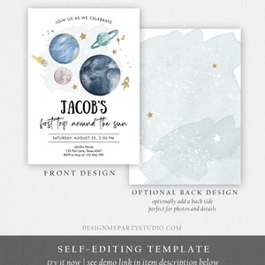 May include: A printable invitation for a child's first trip around the sun party. The invitation features a watercolor illustration of planets and stars in shades of blue and gold. The text reads "Jacob's first trip around the sun" and includes the date, time, and location of the party.