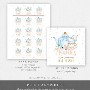 May include: Printable thank you tags featuring a watercolour illustration of a teapot and teacups with floral accents. The text reads "Thanks for coming! Love, Jessica". The tags are designed for a tea party or baby shower.