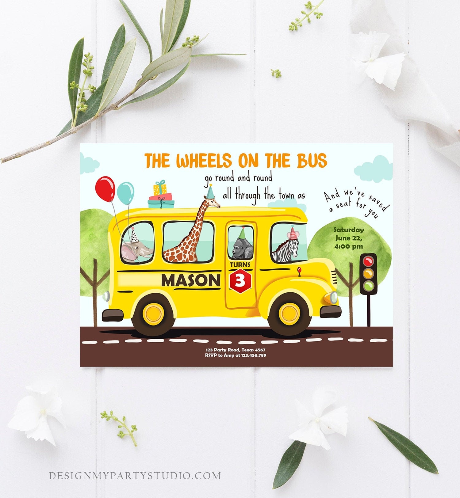 Editable Wheels on the Bus Birthday Invitation Bus Party Etsy