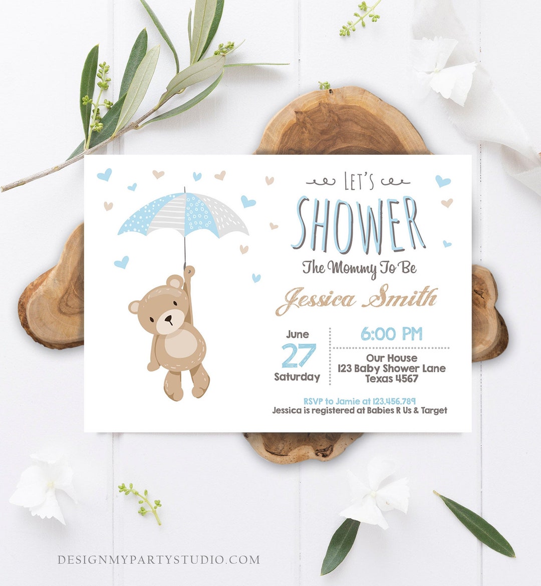 Editable Bear Baby Shower Invitation Teddy Bear Cute Baby Boy Blue Bear