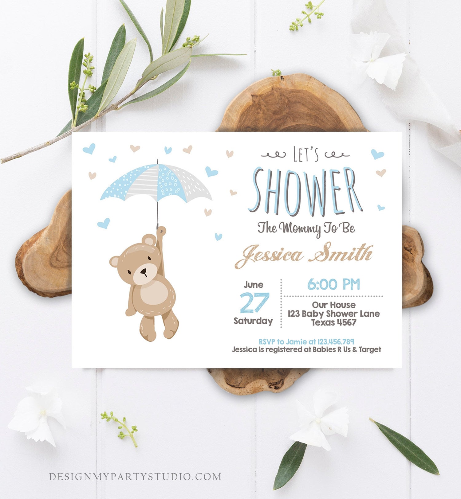 Editable Bear Baby Shower Invitation Teddy Bear Cute Baby Boy Etsy