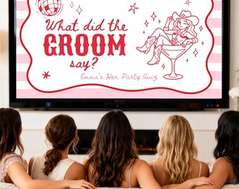 Editable Bachelorette Party Game Pink and Red Hen Party What Did The Groom Say Template Western Last Rodeo Digital Download Canva Template