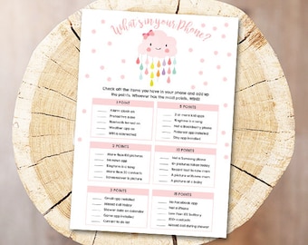 Cloud Baby Shower What's in Your Phone Game Cards Raindrops Rain Pink Baby Game Shower Activities Digital Download File DIY Printable 0036