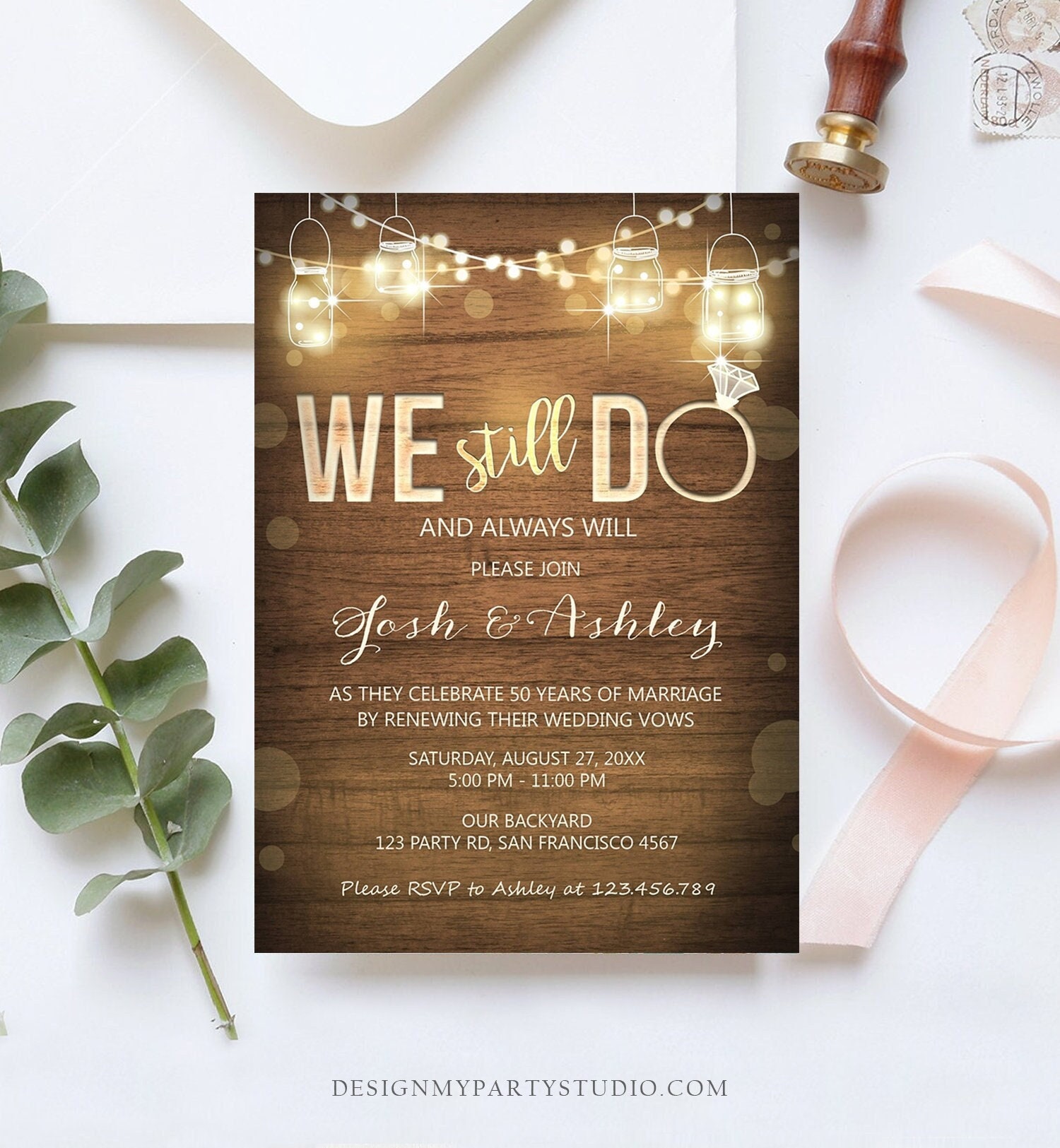Editable We Still Do Wedding Anniversary Invitation Rustic Wood String ...