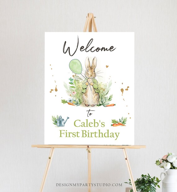Editable Peter Rabbit Welcome Sign Birthday Baby Shower Welcome 1st ...