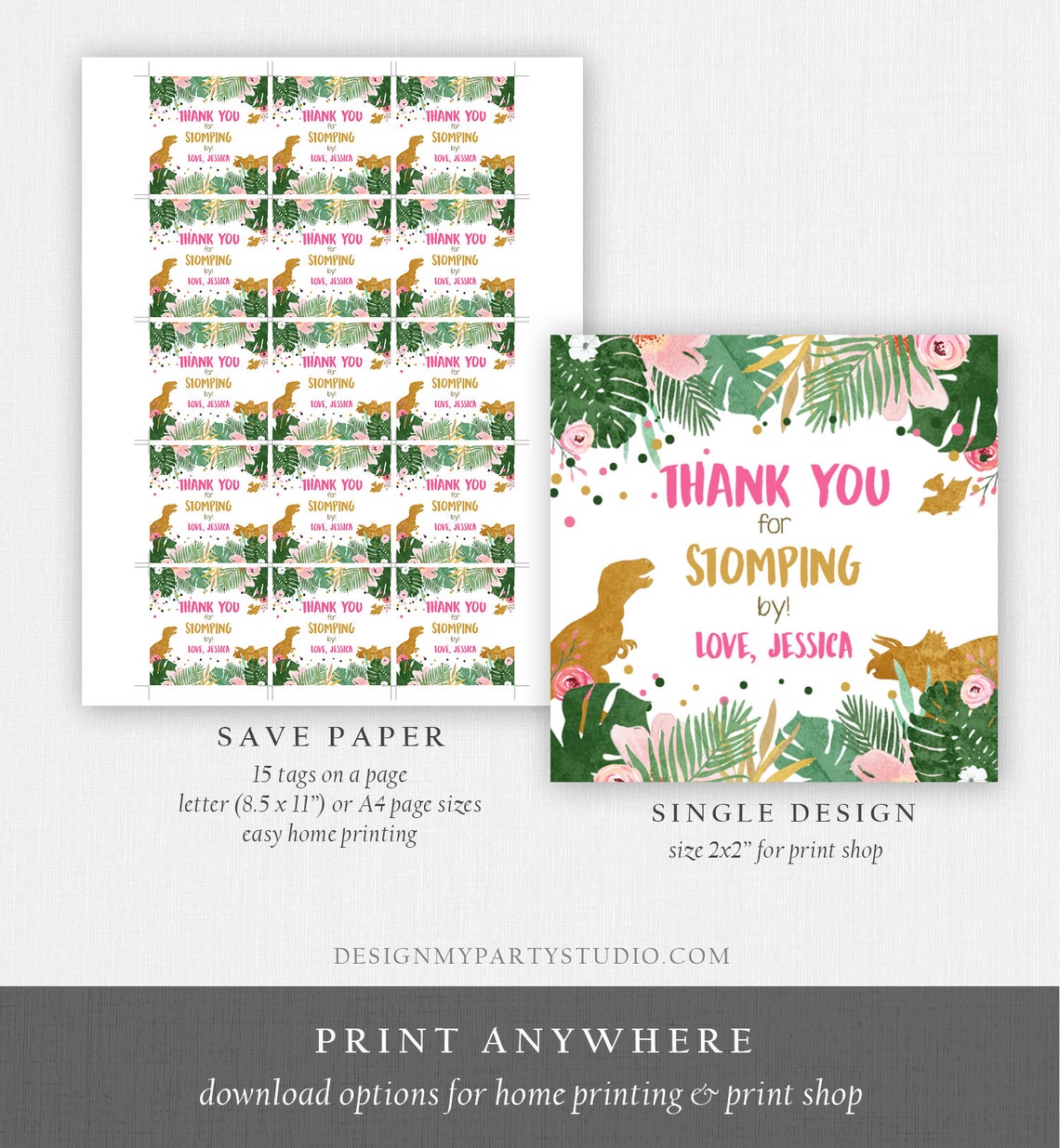 Editable Dinosaur Favor Tags Gift Tag Girl Pink Gold Thank You - Etsy