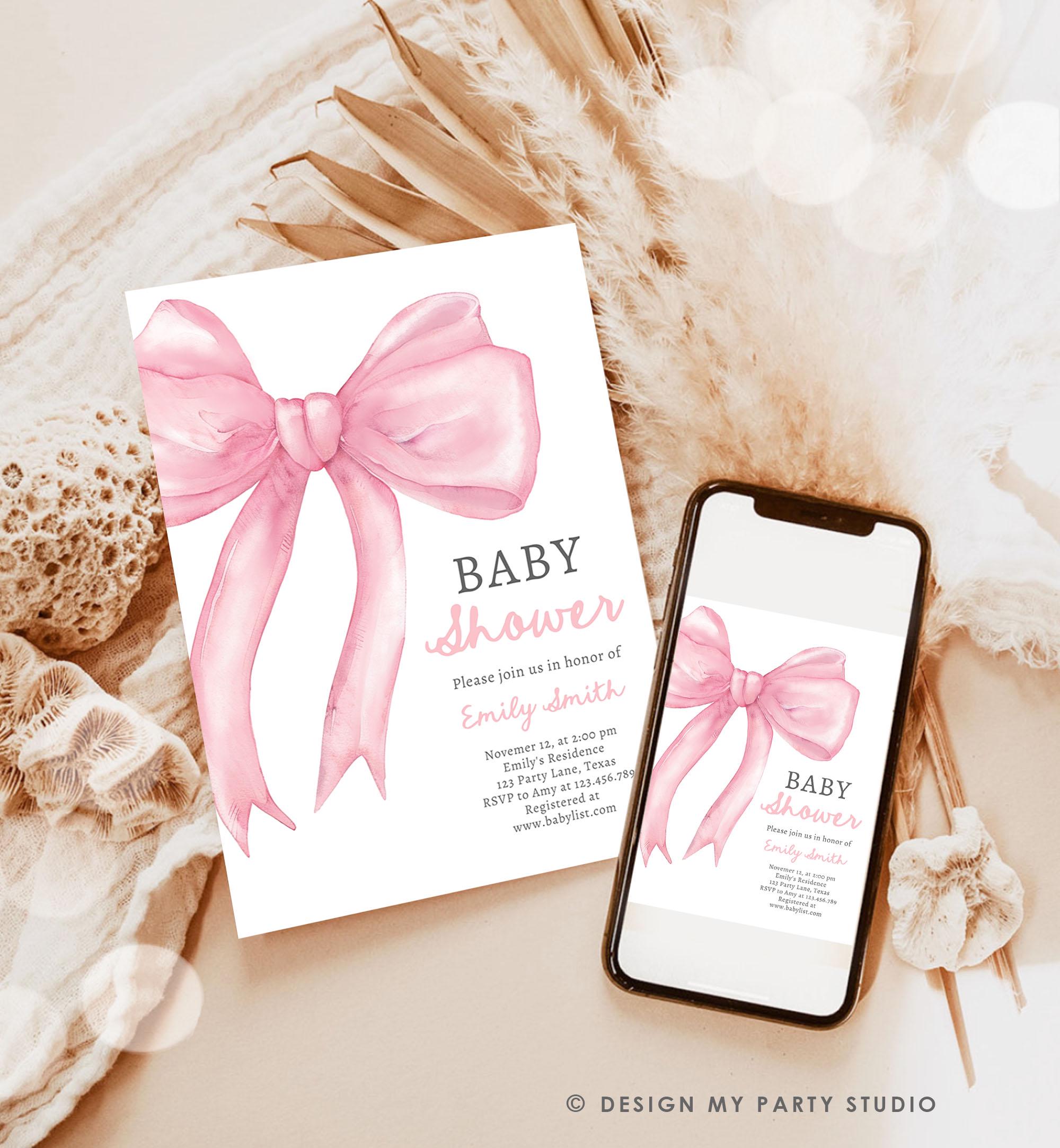 Editable Blush Pink Bow Baby Shower Invitation Girl Pink Coquette Baby ...