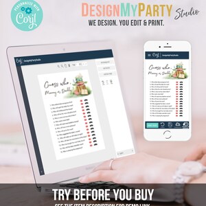 May include: A digital screen displaying a printable "Guess Who: Mommy or Daddy?" game with a stack of books and a green background. The game features 16 questions with lips and mustaches as answer choices. The screen is on a laptop computer with the text "TRY BEFORE YOU BUY" and "SEE THE ITEM DESCRIPTION FOR DEMO LINK" below the laptop.
