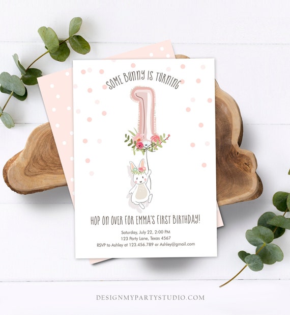 Editable Bunny Birthday Invitation Girl 1st Birthday Pink Gold Floral Bunny Spring Birthday Blush Printable Template Download Corjl 0117 Il_570xn