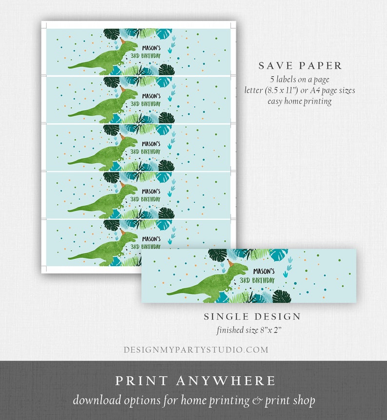 Editable Dinosaur Water Bottle Labels Dinosaur Birthday TRex Dino Birthday Decor Green Blue Prehistoric Dino Printable