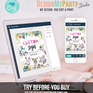 May include: A computer screen displaying a customizable sign template with a jungle animal theme. The sign says "CUSTOM sign" and features a zebra, elephant, and rhino. The text "ADD ANY TEXT YOU LIKE DESIGN & PRINT UNLIMITED SIGNS" is also on the sign. The screen is on a laptop computer. A cell phone is also shown displaying the same sign template.