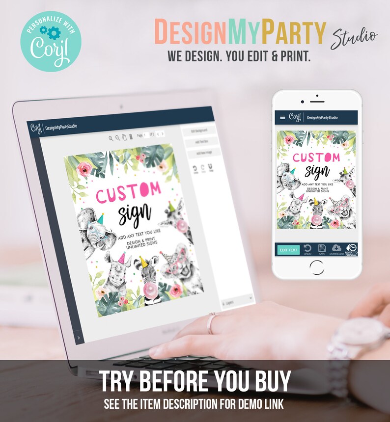 May include: A computer screen displaying a customizable sign template with a jungle animal theme. The sign says "CUSTOM sign" and features a zebra, elephant, and rhino. The text "ADD ANY TEXT YOU LIKE DESIGN & PRINT UNLIMITED SIGNS" is also on the sign. The screen is on a laptop computer. A cell phone is also shown displaying the same sign template.