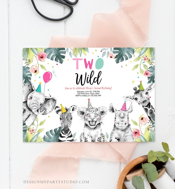 Editable Birthday Invitation Girl Two Wild Animals Invite Pink and Gold Safari Zoo Instant Download Printable Template Digital Corjl 0322 Il_570xn