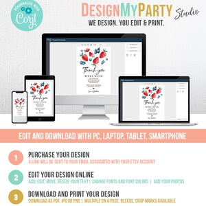 May include: A digital mockup of a thank you card with a watercolour illustration of strawberries and blueberries. The card says "Thank you Berry Much". The text "DesignMyParty Studio" is at the top of the image. The text "We Design. You Edit & Print." is below the company name. The image shows a computer screen, a laptop, a tablet, and a smartphone, all displaying the same thank you card. The text "Edit and Download with PC, Laptop, Tablet, Smartphone" is below the devices. The text "Purchase Your Design", "Edit Your Design Online", and "Download and Print Your Design" are listed in a numbered list below the devices.