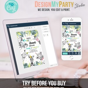 May include: A computer screen displaying a jungle animal party invitation design with a zebra, elephant, and lion. The invitation says "Calling all Party Animals" and "Mason is turning 3". The design is customizable using the Corjl DesignMyParty Studio.
