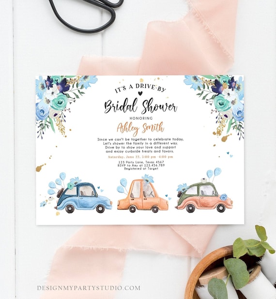 Editable Drive By Bridal Shower Invitation Navy Blue Floral Drive Through Couples Shower Social Distancing Bridal Shower Corjl Template 0335 Il_570xn