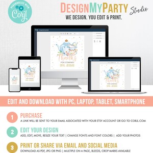 May include: A digital design template for a thank you card featuring a blue teapot, teacups, and flowers. The text on the card reads "Thanks for coming! Love, Jessica".