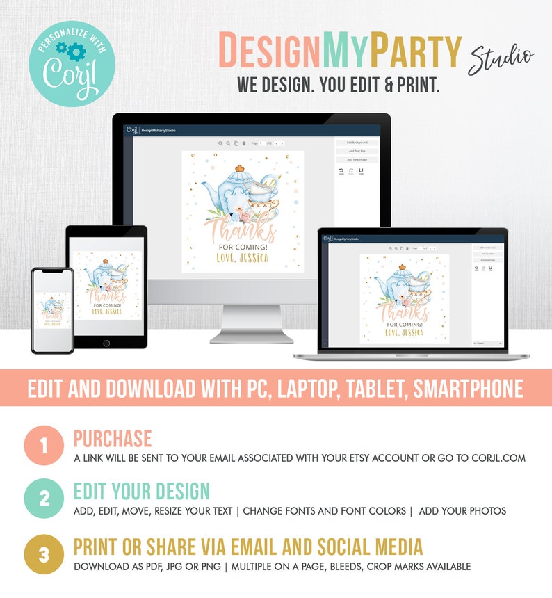 May include: A digital design template for a thank you card featuring a blue teapot, teacups, and flowers. The text on the card reads "Thanks for coming! Love, Jessica".