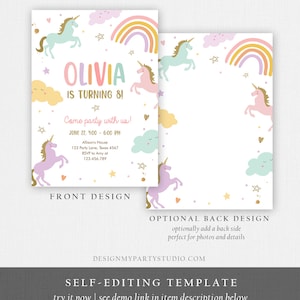 May include: Printable invitation for a unicorn-themed birthday party. The invitation features a rainbow, clouds, stars, and unicorns. The text on the invitation reads "Olivia is turning 8! Come party with us! June 22, 4:00-6:00 PM Allison's House 123 Party Lane, Texas 4567 RSVP to Amy at 123.456.789"