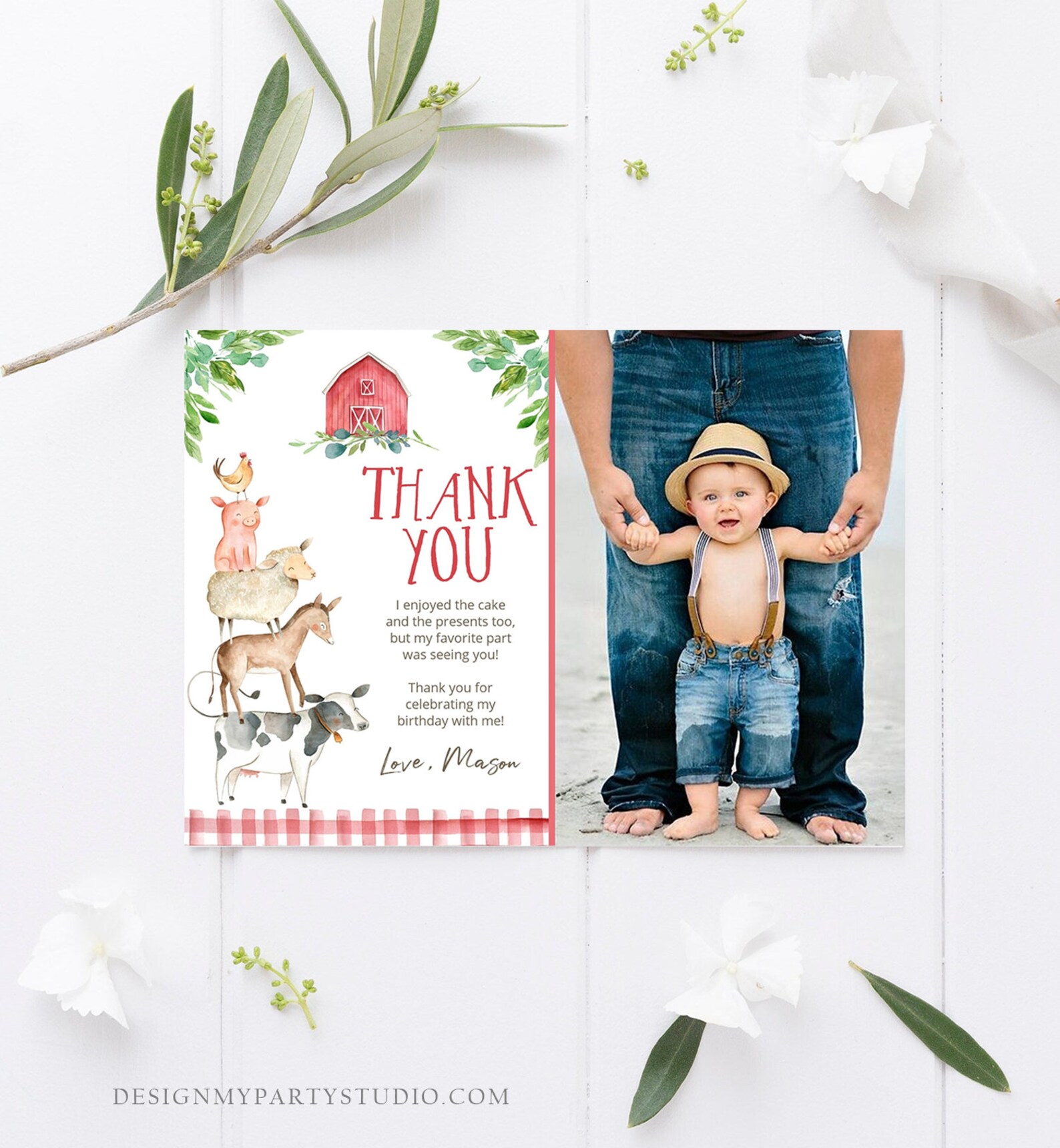 Editable Farm Animals Thank You Card Red Gingham Boy Farm Birthday ...