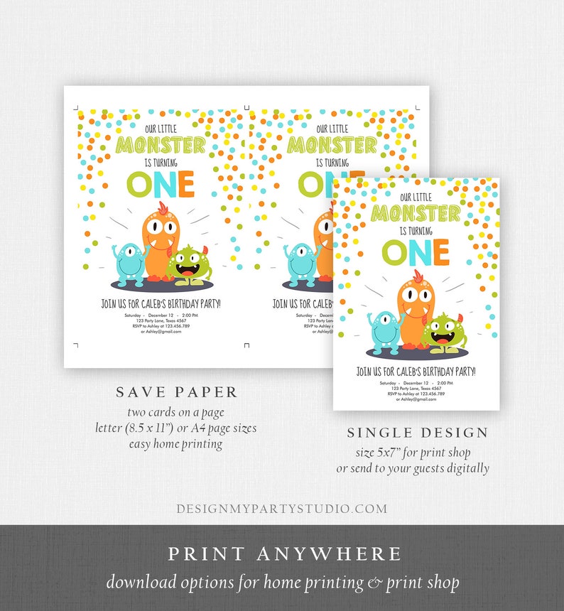 Editable Little Monster Birthday Invitation First Birthday Party Monsters Boy Confetti 1st Orange Blue One Printable Corjl Template 0058 image 5