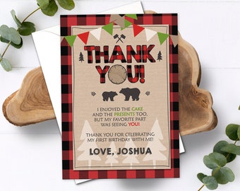 Editable Lumberjack Thank You Card Birthday Rustic Woodland Birthday Bear Forest Buffalo Plaid Winter Download Printable Template Corjl 0026