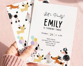 Girl Dog Birthday Invitation, Pink Puppy Pawty Invite, Editable Printable Template 0429