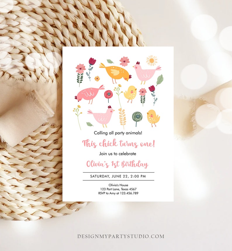 Editable Little Chick Birthday Invitation Girl Spring Birthday Party Farm Barnyard Chicken Easter Download Corjl Template Printable 0446 image 2