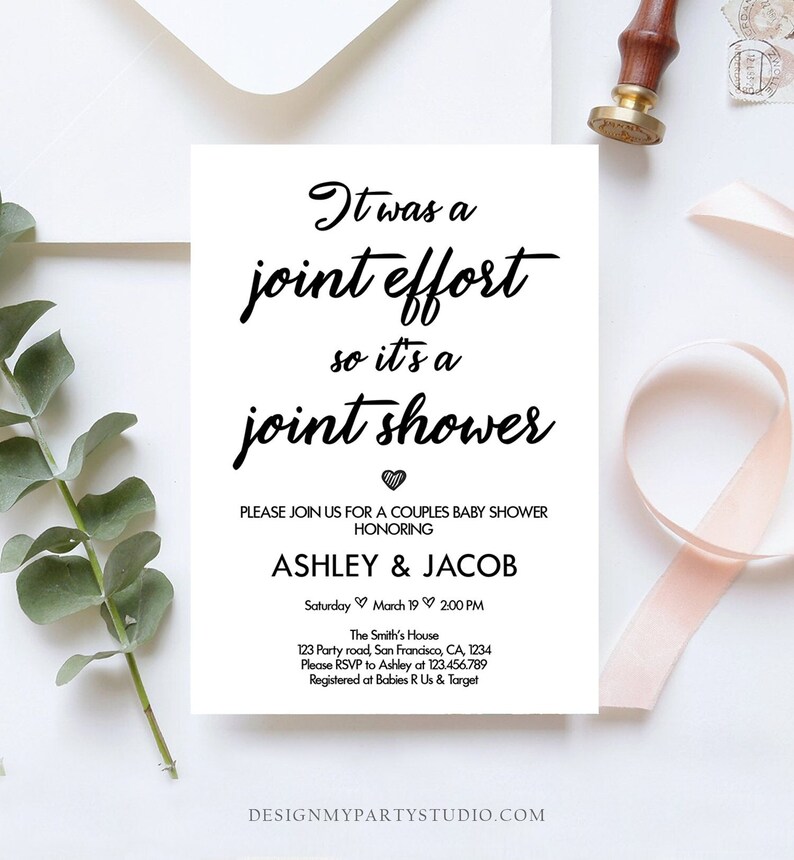 May include: A black and white baby shower invitation with the text "It was a joint effort so it's a joint shower" and the names "Ashley & Jacob". The invitation includes the date, time, and location of the shower, as well as the couple's registry information.