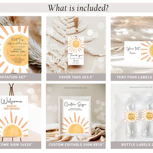 May include: A set of printable party decorations featuring a watercolor sun design in shades of yellow and orange. The set includes an invitation, favor tags, tent food labels, a welcome sign, a custom editable sign, and bottle labels. The text on the invitation reads "First Trip Around the Sun Jessica Turning One".