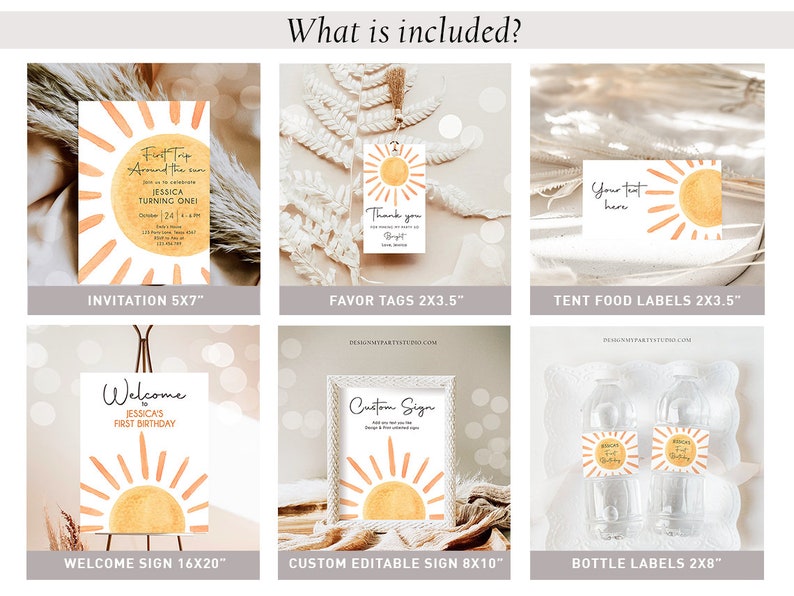 May include: A set of printable party decorations featuring a watercolor sun design in shades of yellow and orange. The set includes an invitation, favor tags, tent food labels, a welcome sign, a custom editable sign, and bottle labels. The text on the invitation reads "First Trip Around the Sun Jessica Turning One".