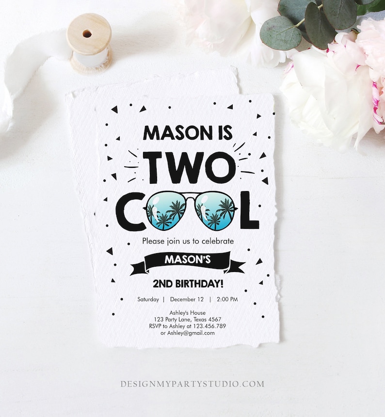 Editable Two Cool Birthday Invitation Boy Second Birthday Party 2nd I'm this Many I'm Two Cool Sunglasses Palm Printable Corjl Template 0136 image 3