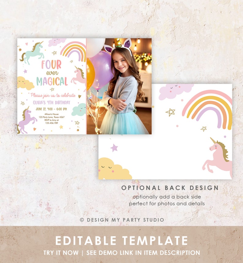 Editable Unicorn 4th Birthday Invitation Four Ever Magical Party Girl ...