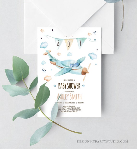 Editable Airplane Baby Shower Invitation Vintage Airplane Blue Adventure Boy Baby Shower Up Up and Away Template Digital Download Corjl 0185 Il_570xn