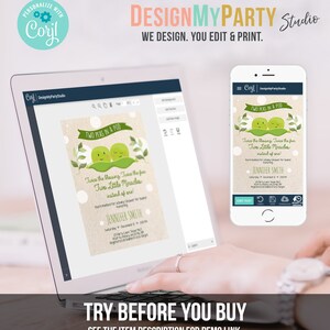 May include: A digital screen displaying a customizable baby shower invitation template with a green pea pod design. The text on the invitation reads "Two Peas in a Pod" and "Twice the blessing, twice the fun, Two Little Miracles instead of one!"