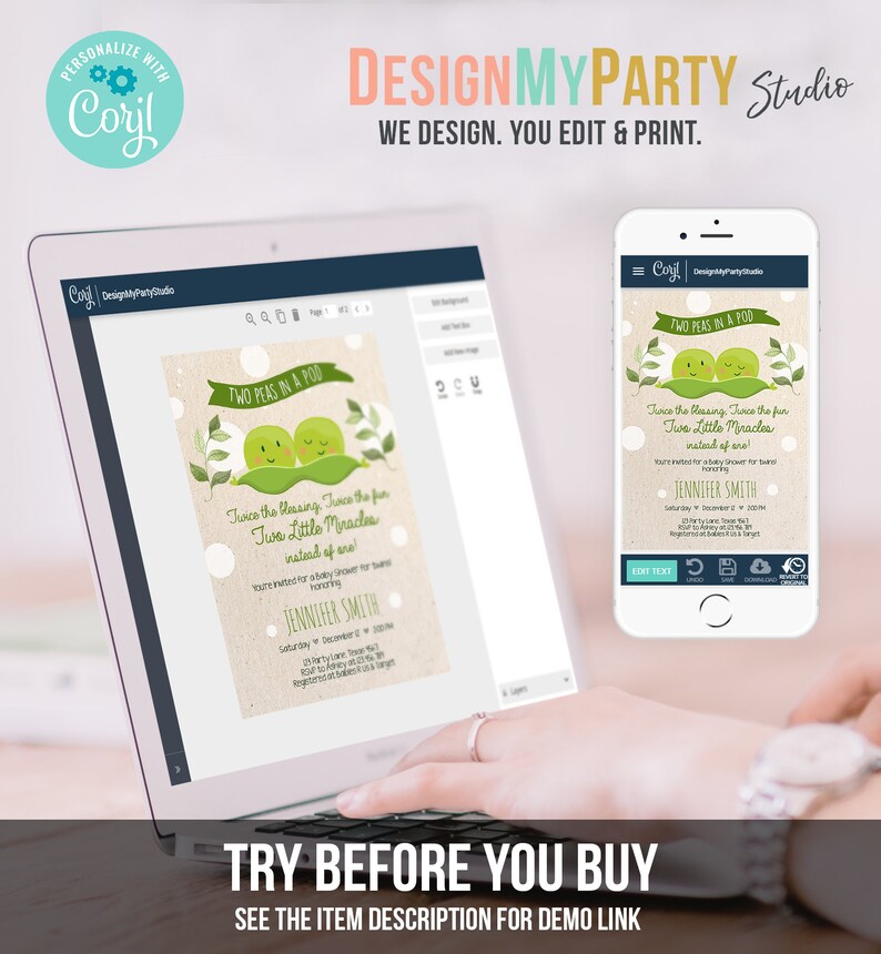 May include: A digital screen displaying a customizable baby shower invitation template with a green pea pod design. The text on the invitation reads "Two Peas in a Pod" and "Twice the blessing, twice the fun, Two Little Miracles instead of one!"