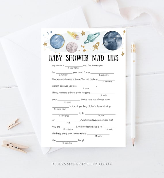 Editable Mad Libs Baby Shower Game Advice for Mom Outer Space Planets Houston We Have Boy Rocket Gold Activity Corjl Template Printable 0357 Il_570xn