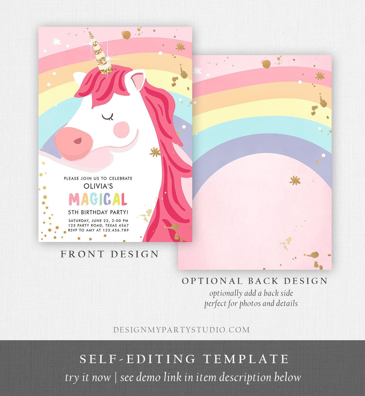 Editable Unicorn Birthday Invitation Unicorn Party Girl Pink Gold ...