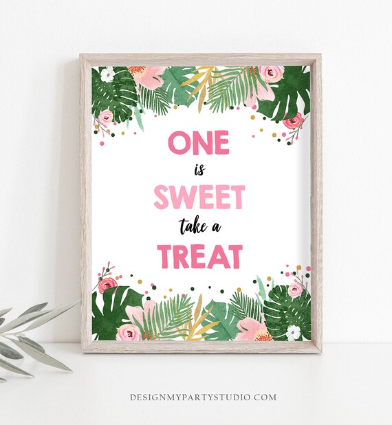 One is Sweet Take a Treat First Birthday Sign Girl Safari Animals Party 1st Tropical Pink Gold Jungle Zoo Table Sign Decor Printable 0332 Il_570xn