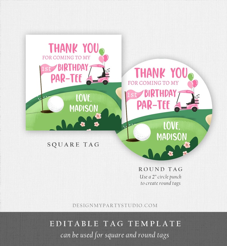 Editable Golf Favor Tags Golf Thank You Par-tee Stickers Golfing Birthday Hole in One 1st Birthday Girl Pink Download Corjl Template 0405 image 5