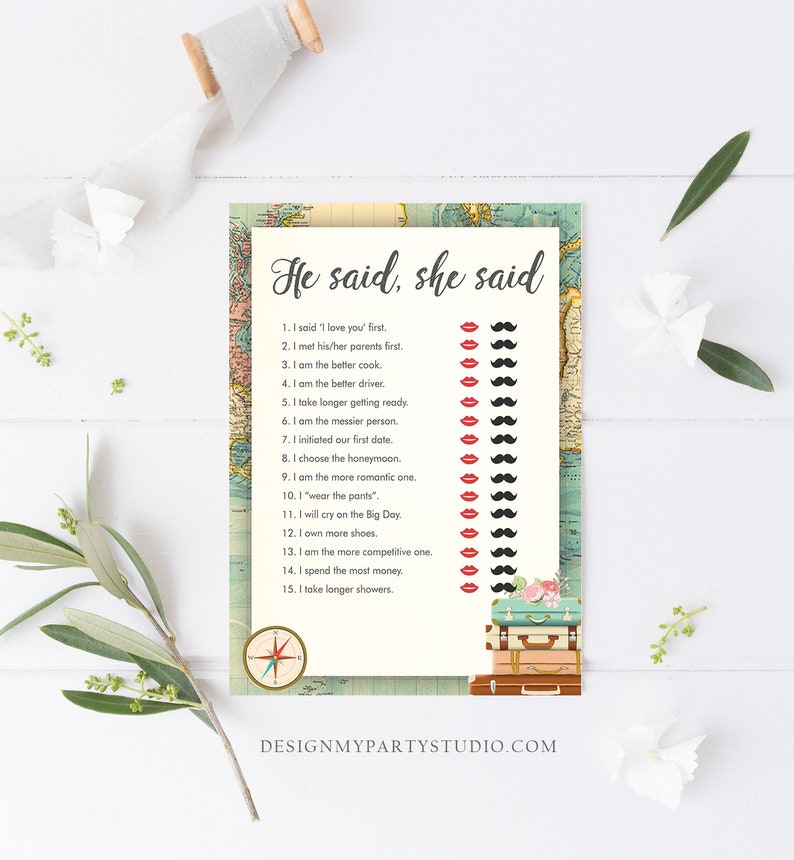 May include: A printable "He said, she said" game for a wedding shower or bridal party. The game features a list of 15 questions about the couple, with red lips and mustaches to mark who does what more often.
