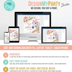 Puede incluir: Plantilla de dise&ntilde;o digital con una ilustraci&oacute;n de caballo blanco, detalles florales y el texto "Thank you for riding on by to my party!" en varios dispositivos. El dise&ntilde;o es editable y descargable en PC, port&aacute;til, tableta y smartphone.
