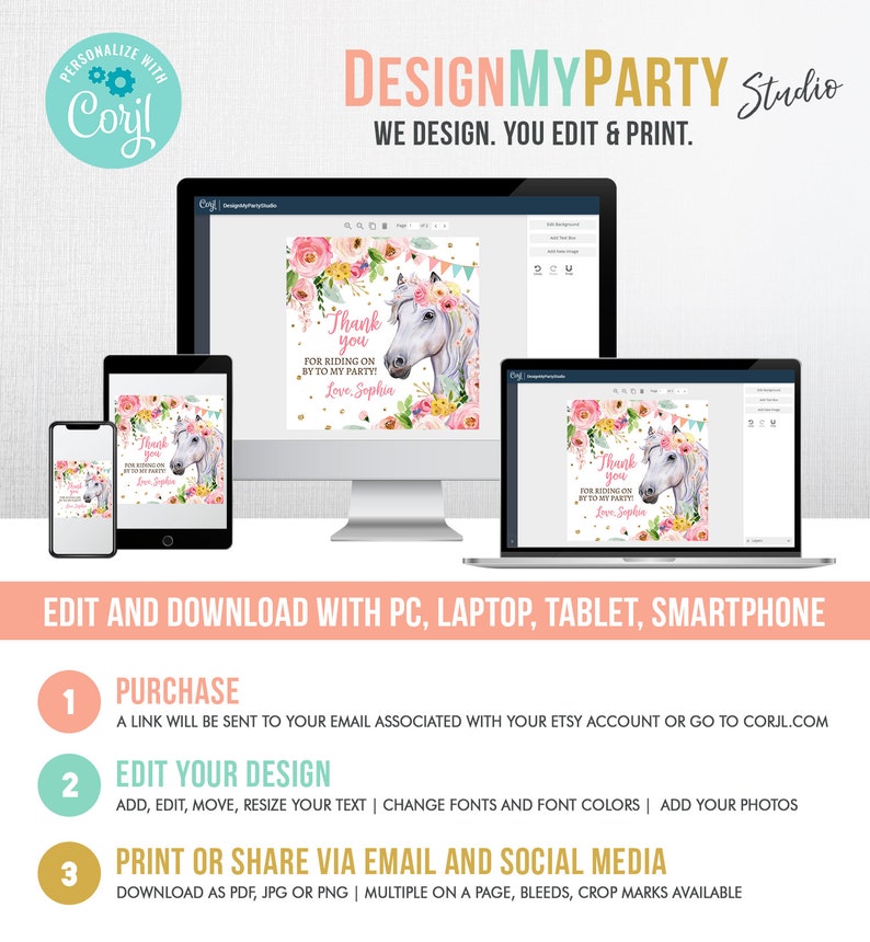 Puede incluir: Plantilla de dise&ntilde;o digital con una ilustraci&oacute;n de caballo blanco, detalles florales y el texto "Thank you for riding on by to my party!" en varios dispositivos. El dise&ntilde;o es editable y descargable en PC, port&aacute;til, tableta y smartphone.