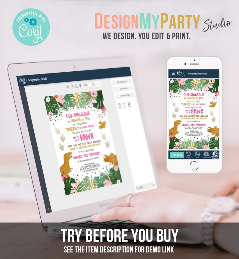 Editable Gold Dinosaur Birthday Invitation ANY AGE Dino Party T-Rex Prehistoric Rawr Girl Pink Gold Download Printable Corjl Template 0146