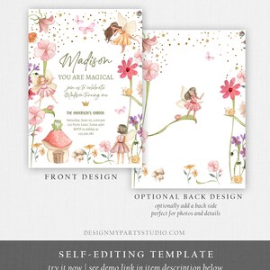 May include: A printable invitation for a first birthday party with a fairy garden theme. The invitation features a watercolor illustration of a fairy, flowers, and a mushroom house. The text on the invitation reads "Madison You Are Magical join us to celebrate Madison turning one The Anderson's Garden Saturday, June 22, 2:00 pm 123 Party Lane, Texas 4567 RSVP to Ashley at 123.456.789".