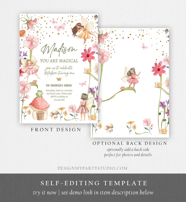 May include: A printable invitation for a first birthday party with a fairy garden theme. The invitation features a watercolor illustration of a fairy, flowers, and a mushroom house. The text on the invitation reads "Madison You Are Magical join us to celebrate Madison turning one The Anderson's Garden Saturday, June 22, 2:00 pm 123 Party Lane, Texas 4567 RSVP to Ashley at 123.456.789".