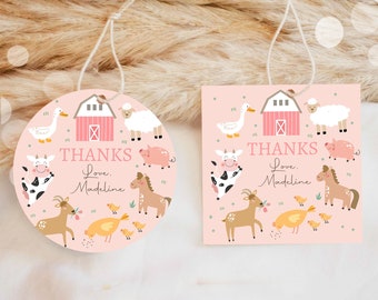 Editable Pink Farm Animals Thank you Tags Girl Birthday Barnyard Stickers Farm Birthday Decor Pink Favor Tags Cow Pig Template Corjl 0436