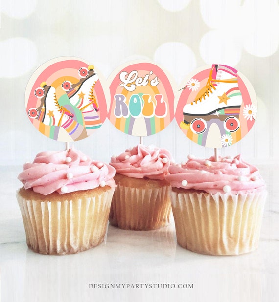 Roller Skate Cupcake Toppers Skate Birthday Favor Tags Retro Daisy